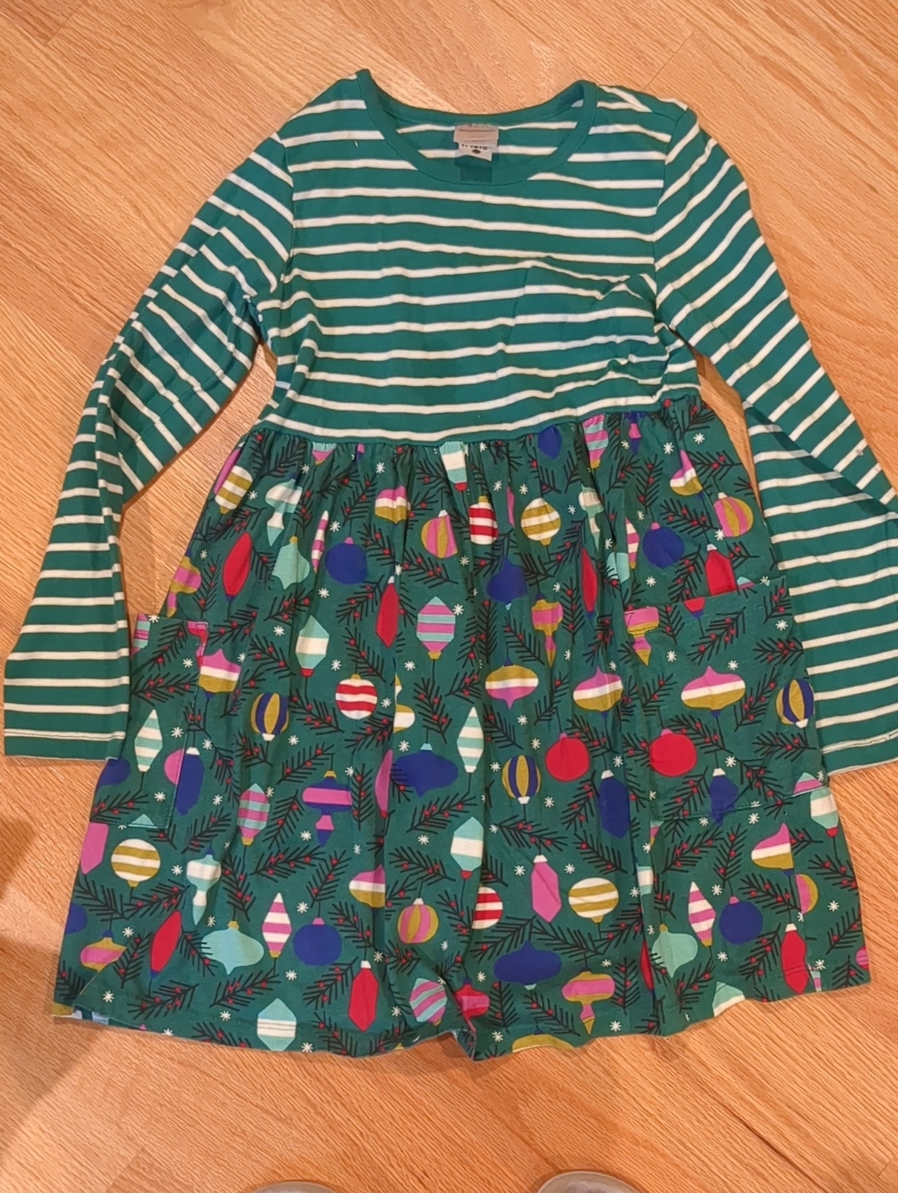 Hanna Andersson Green Striped Top with Multi-Color Ornament Skirt Dress